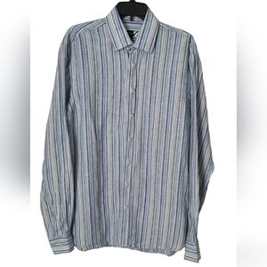 Saks Fifth Avenue 100% Linen Blue Striped Collared Button Up Sz.L
